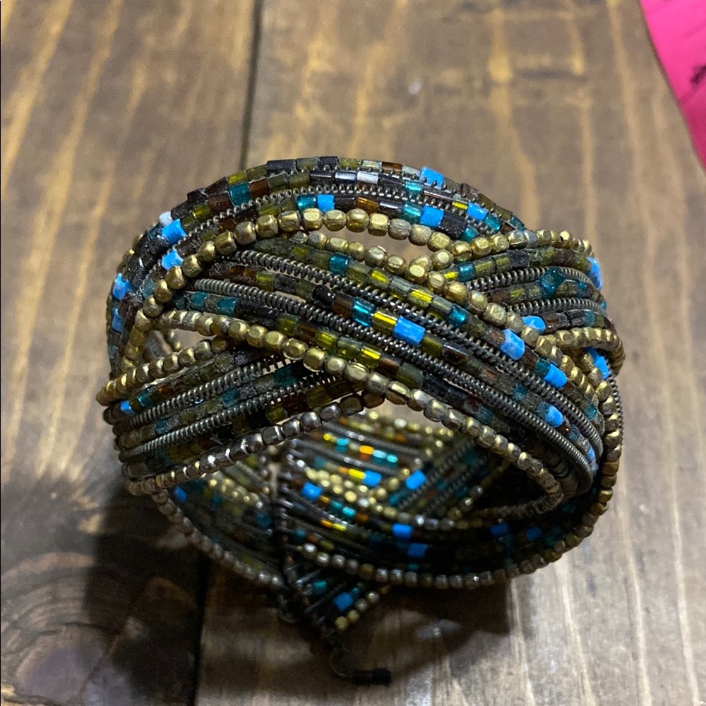 Blue, Green and Brown Beaded Cuff Bracelet with Intricate Design